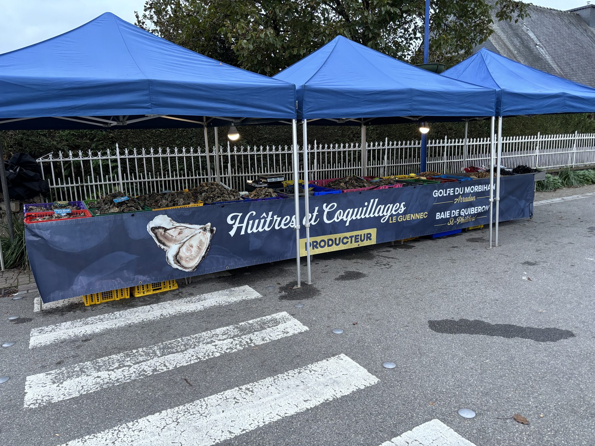 Étal Huîtres et Coquillages Le Guennec sur la place du marché de Ploërmel, en journée